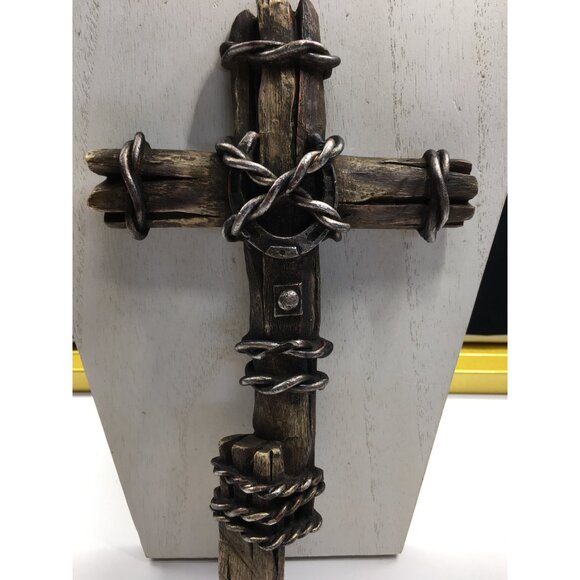 Cowboy Crucifix Western Wasll Cross Rustic Barbwire Horseshoe Rodeo Farmhouse - Picture 9 of 16